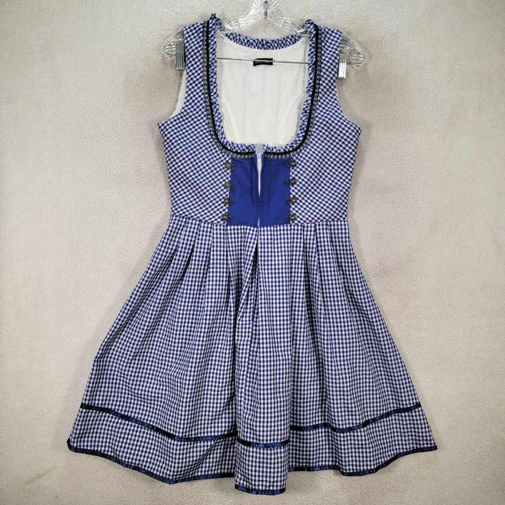 Blue Gingham Dirndl Oktoberfest Square Scoop Neck Stretch Costume Fit Flare